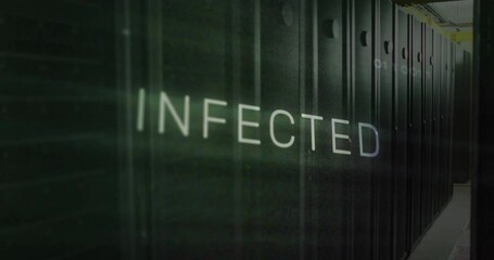 Poster - Faint red circuits flickering around INFOQ overlay morphing text into INFECTED warning over servers