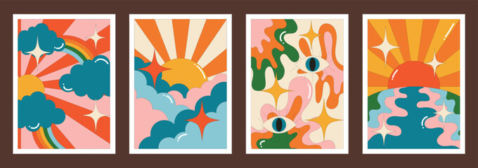 Poster - Four groovy colorful art prints with suns clouds eyes and stars