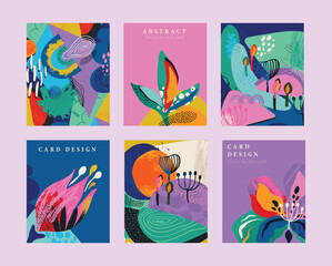 Poster - Six colorful abstract floral card designs are showcased on a light purple background