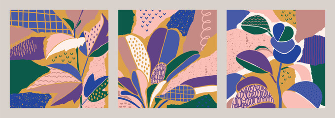 Poster - Three abstract floral collages in square frames showing leaves and petals with various patterns