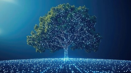 Poster -  Digital tree growth visualizing data connections in a futuristic landscape environment