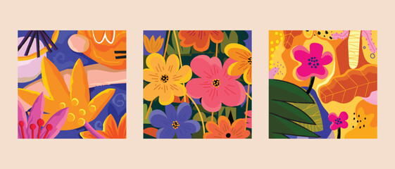 Poster - Three square floral art panels feature abstract designs with flowers and foliage in various colors on a beige background
