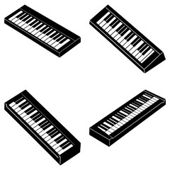 Poster - Four isometric black and white keyboard instruments arranged on a white background surface view