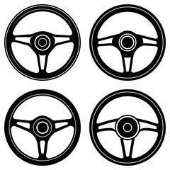 Poster - Illustration showing four different designs of steering wheels in a black and white color scheme graphic style