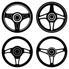 Poster - Four black and white steering wheels with different spoke designs arranged in a square format on white