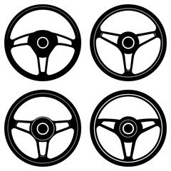 Poster - Collection of four steering wheels with different designs in black and white vector illustration