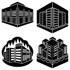 Poster - Four different architectural building designs in black and white with various perspectives and styles