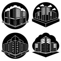 Poster - Four black and white cityscape icons featuring stylized buildings with cloud and geometric backgrounds elements