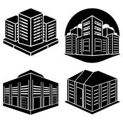 Poster - Illustration of four different building structures in black and white with various architectural styles shown