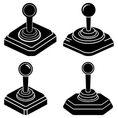 Poster - Four black and white isometric illustrations of classic video game joysticks on a white background
