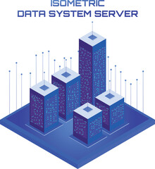 Aufkleber - Isometric Data System Server. Data transfer between blocks. Futuristic digital data server composed of interconnected modular components.