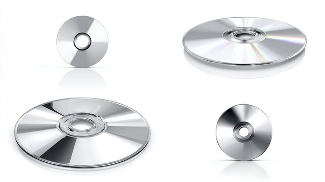 Four computer discs, various angles, metallic silver finish, reflective surface, isolated on white background