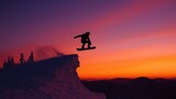 Snowboarder in mid - air against a vibrant sunset sky, silhouetted against snow - covered terrain with trees in the background. Ideal for winter sports, adventure, or extreme sports projects. 