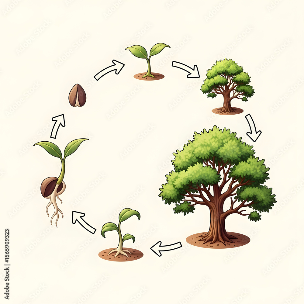 Illustration depicting the life cycle of a tree, showing the stages ...