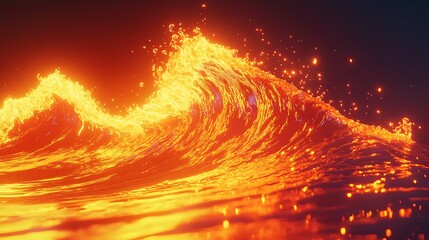 Poster - A glowing orange neon wave surging against a digital background emitting intense light and shadows
