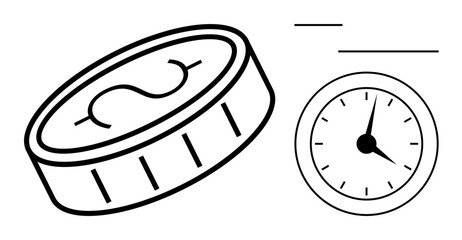 Poster - Outlined coin with dollar sign alongside an analog clock suggests value, time, and efficiency. Ideal for finance, investment, productivity, time management, budgeting, savings minimalism simple
