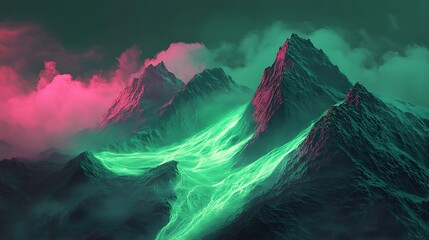 Poster - A green and pink neon wave cascading over a digital mountain range glowing intensely with fluid motion