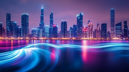 Poster - A high-tech cityscape with neon waves sweeping across the skyline illuminating the night with stunning clarity