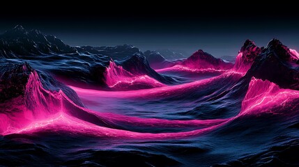 Poster - A high-tech digital landscape with neon pink waves flowing across a glowing horizon illuminating the dark environment