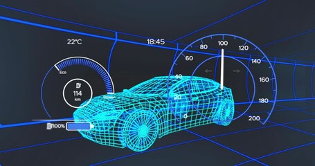 Poster - Opening wireframe car charging as Eco gauge and speed dial rising and falling showing power cycle