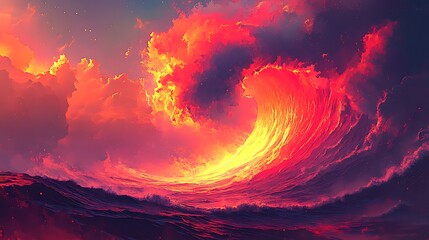 Poster - A neon wave surge across an open digital landscape glowing intensely in shades of red and orange with soft edges