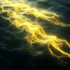 Poster - A series of glowing neon yellow waves sweeping across a dark background creating beautiful light reflections