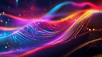 Poster - Abstract neon colored waves blending into a pulsating digital grid waves forming intricate colorful patterns