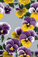 Wall Mural - Pansies on gray background cartoonish seamless pattern