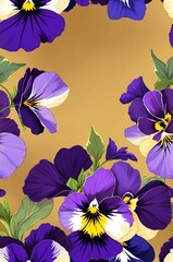 Wall Mural - Pansies on gold background cartoonish seamless pattern