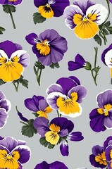 Wall Mural - Pansies on gray background cartoonish seamless pattern