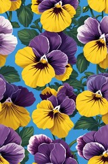 Wall Mural - Pansies on blue background cartoonish seamless pattern