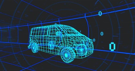 Poster - Blue wireframe van appearing in tunnel starting pulsing digits and blocks visualizing data flow