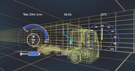 Poster - Battery charging showing gauge animation 3D truck accelerating discharging demonstrating energy use
