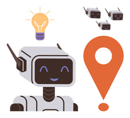 Poster - Smiling robot character generating ideas with bright light bulb and location pin icon. Ideal for technology, innovation, AI, navigation, creativity, robotics, and futuristic themes. Simple flat