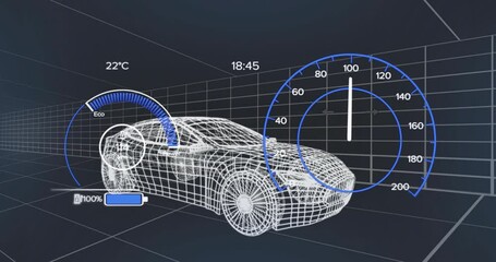 Poster - Detecting 9% battery starting charging, wireframe 3D car accelerating to 100km or h slowing to 60km 