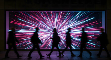 Silhouettes of Business People Walking Past Vibrant Light Display at Night Cityscape
