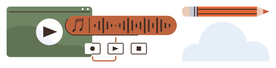  - Media player with play, pause, and stop buttons, soundwave bar, pencil symbolizing creativity, cloud representing storage. Ideal for media creation, editing, learning content sharing innovation