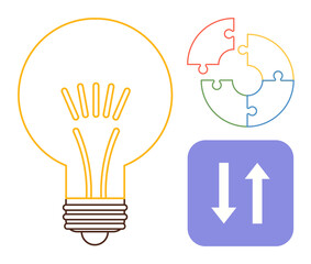 Poster - Lightbulb wireframe, circular puzzle, and bidirectional arrows symbolizing innovation, teamwork, communication, knowledge sharing, collaboration, progress decision-making. Ideal for creative process