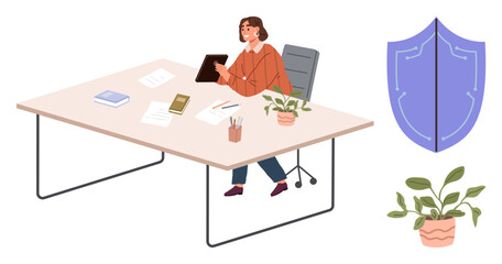 Poster - Woman using tablet at spacious office desk with papers, plants, and shield icon. Ideal for productivity, security, work-life balance, business, focus technology and modern workspace. Simple flat