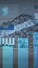 Poster - Animation of digital cloud with scopes scanning on screens, arrow ascending and statistics