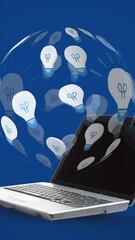 Poster - Animation of light bulbs forming globe ove laptop on blue background