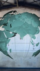 Poster - Animation of spinning green globe over empty warehouse