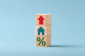 Poster - Real estate competition. Wooden blocks with upward arrows and percentage symbol on a blue background symbolize growth and finance.