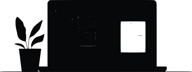 Leinwandbilder - Minimalist vector laptop illustration: modern workspace, plant, dark aesthetic.