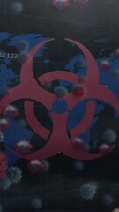 Poster - Animation of biohazard symbol, covid 19 cells moving over world map in background