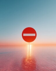 Poster - Modern No Entry Sign with Bold Red Circle and White Slash Reflecting on Water at Sunset - Minimalist Warning Symbol for Digital and Commercial Use