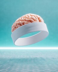 Poster - Futuristic Biohacking Concept with Floating Brain and White EEG Headband on Hex-Grid Floor in Cyan Glow Highlighting Neurotech Innovation and Wellness