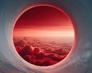 Poster - Futuristic Space Station Window Viewing Red Cloudscape and Glowing Planet with Neon Accents for Advanced Cosmic Exploration and Sci-Fi Marketing