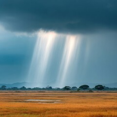 Poster - Intense Hurricane Rainstorm over Vast Open Landscape with Dark Clouds and Distant Trees - Environmental Risk and Climate Impact Concept for Weather Preparedness