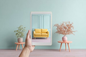 Poster - Modern Digital Home Customization with Tablet and Virtual Furniture Overlay Premium Tech Innovation for Millennial Lifestyle Marketing Campaigns